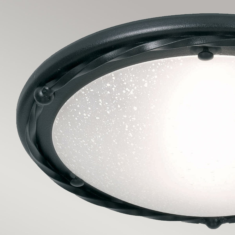 Détail du cerclage métallique noir torsadé et du verre tacheté