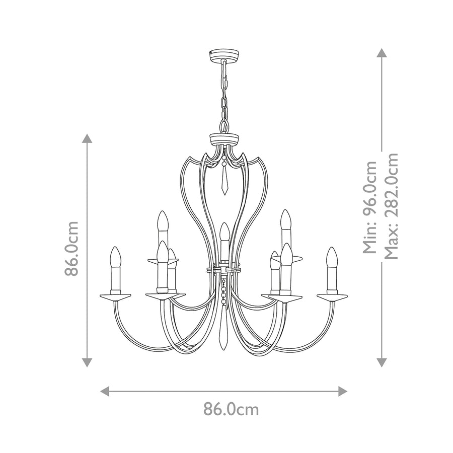 Schéma technique coté du lustre, largeur 86 cm et hauteur réglable jusqu'à 282 cm