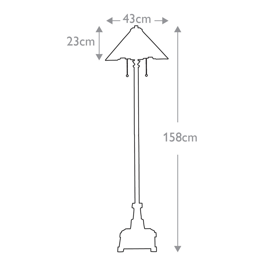 Schéma coté du lampadaire indiquant 43 cm de large et 158 cm de haut.