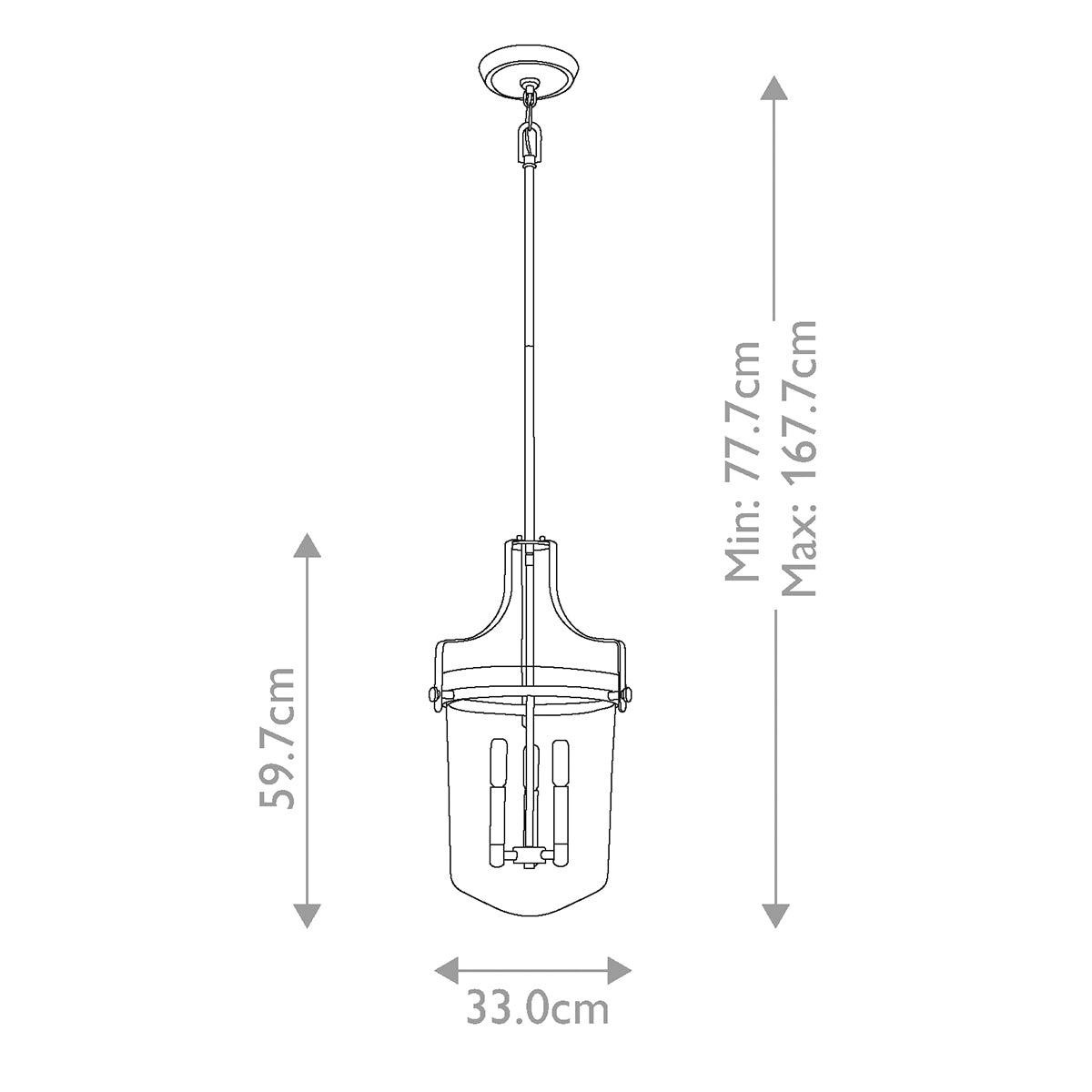Schéma coté avec hauteur minimale 77,7 cm, maximale 167,7 cm et diamètre 33 cm.