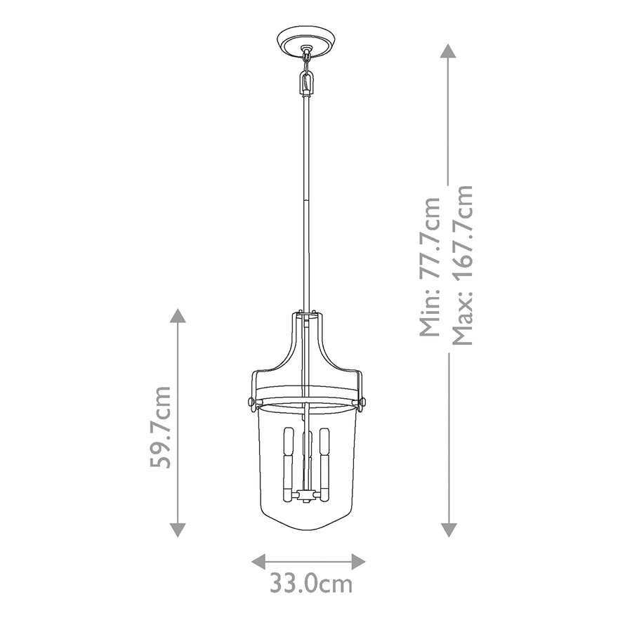 Schéma coté avec hauteur minimale 77,7 cm, maximale 167,7 cm et diamètre 33 cm.