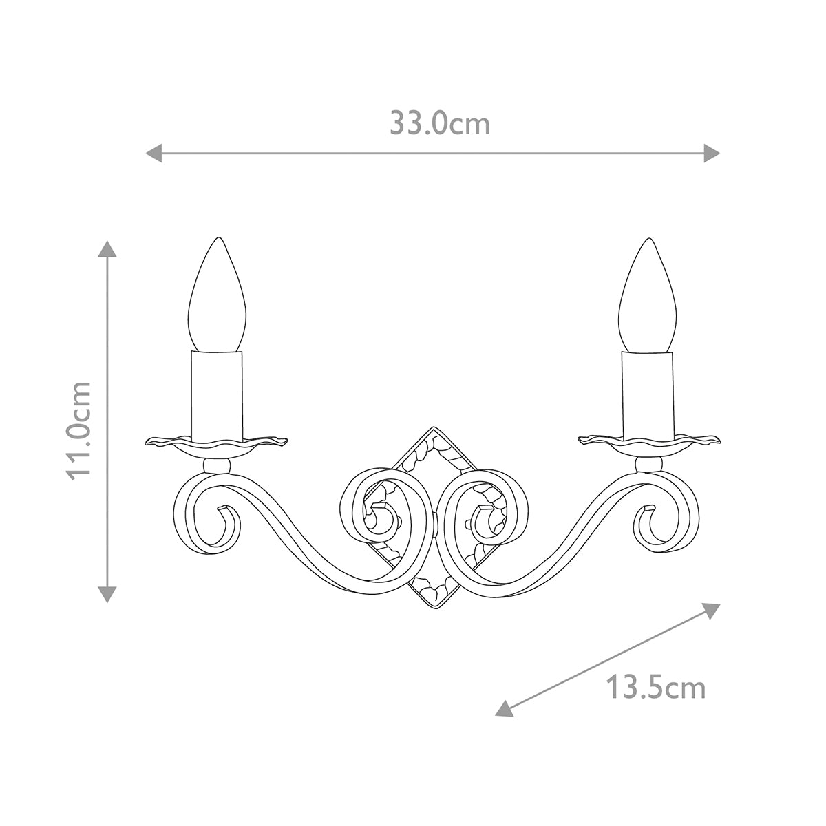 Schéma de dimensions : largeur 33 cm, hauteur 11 cm, profondeur 13,5 cm