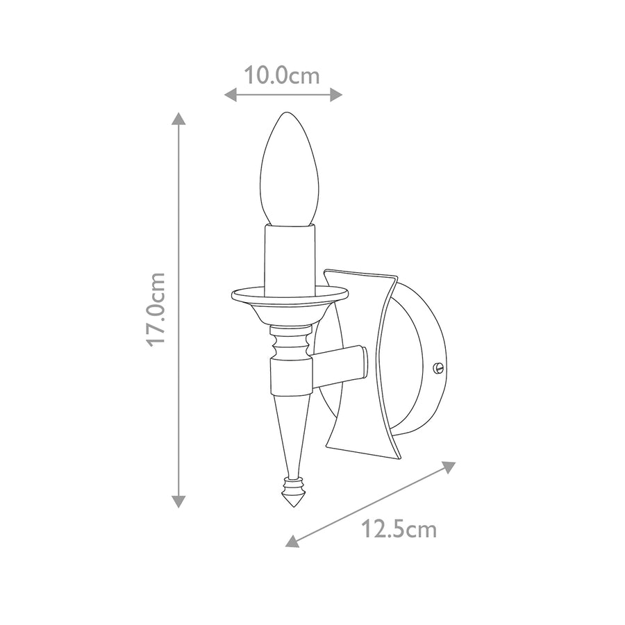 Schéma coté de l'applique : hauteur 17 cm, largeur 10 cm, profondeur 12,5 cm