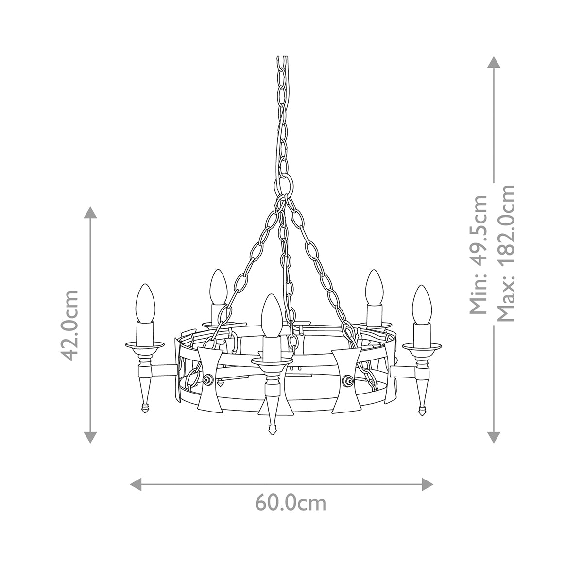 Schéma coté du lustre indiquant un diamètre de 60 cm et une hauteur réglable.