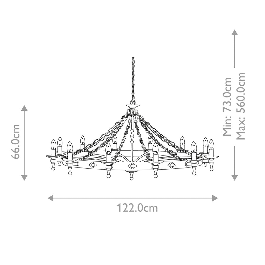 Schéma technique coté indiquant diamètre et hauteur minimale et maximale du luminaire.