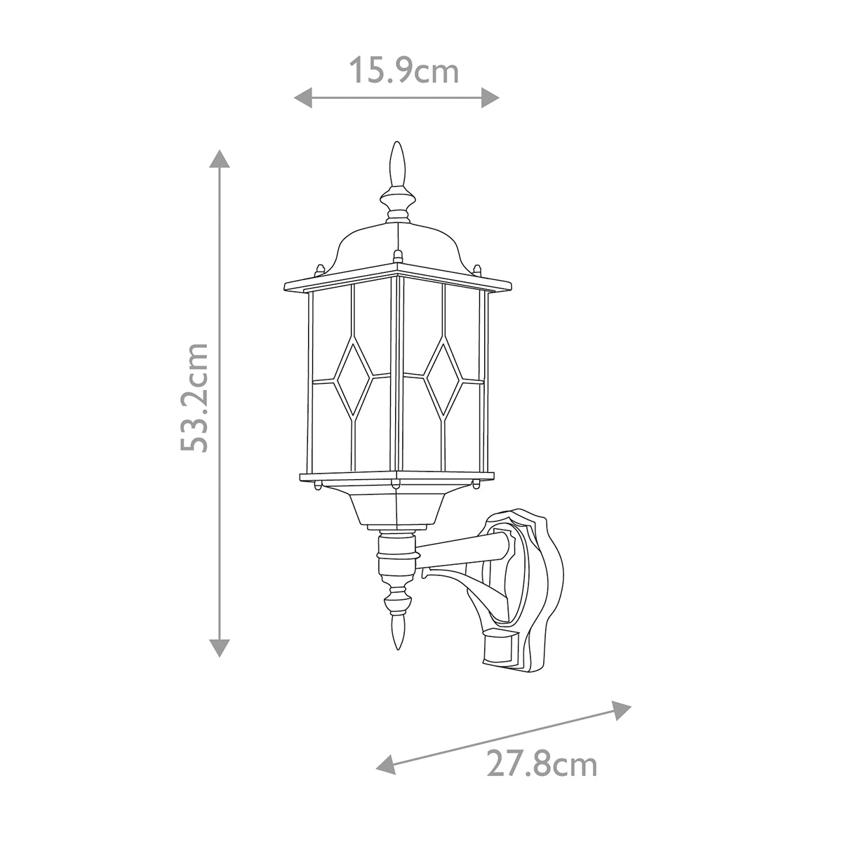 Schéma coté indiquant hauteur 53,2 cm, largeur 15,9 et profondeur 27,8