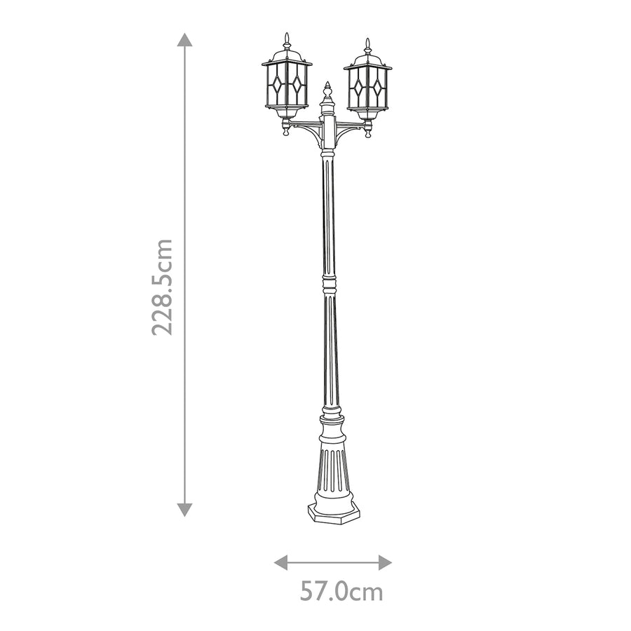 Schéma coté du lampadaire avec hauteur 228,5 cm et largeur 57 cm