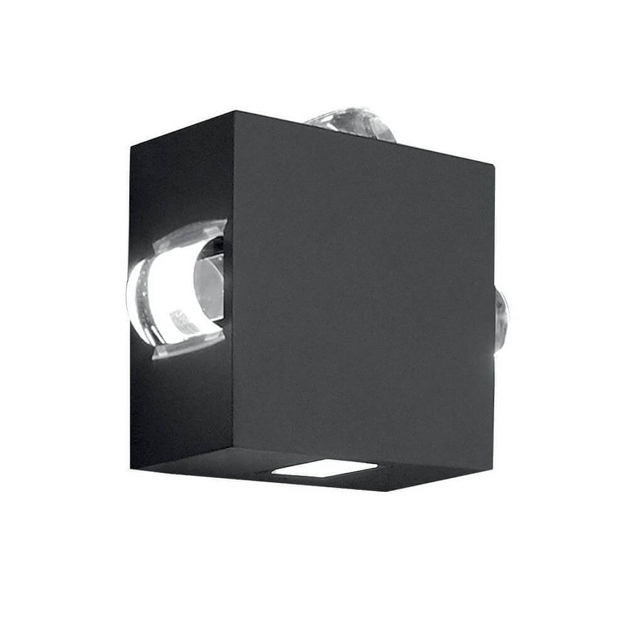 Vue de face du luminaire cubique anthracite avec ses diffuseurs en verre transparent