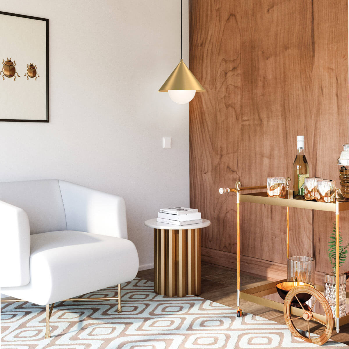 Mise en ambiance dans un salon avec fauteuil blanc, mur en bois et table roulante