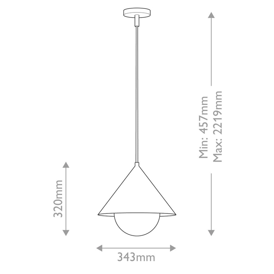 Schéma coté du luminaire indiquant hauteur réglable et largeur de l'abat-jour