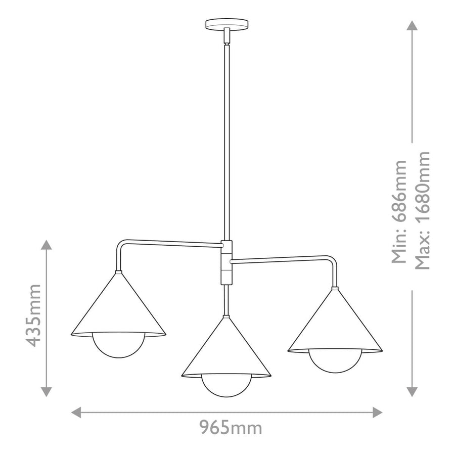 Schéma technique coté du luminaire : largeur 965 mm, hauteur réglable de 686 à 1680 mm.