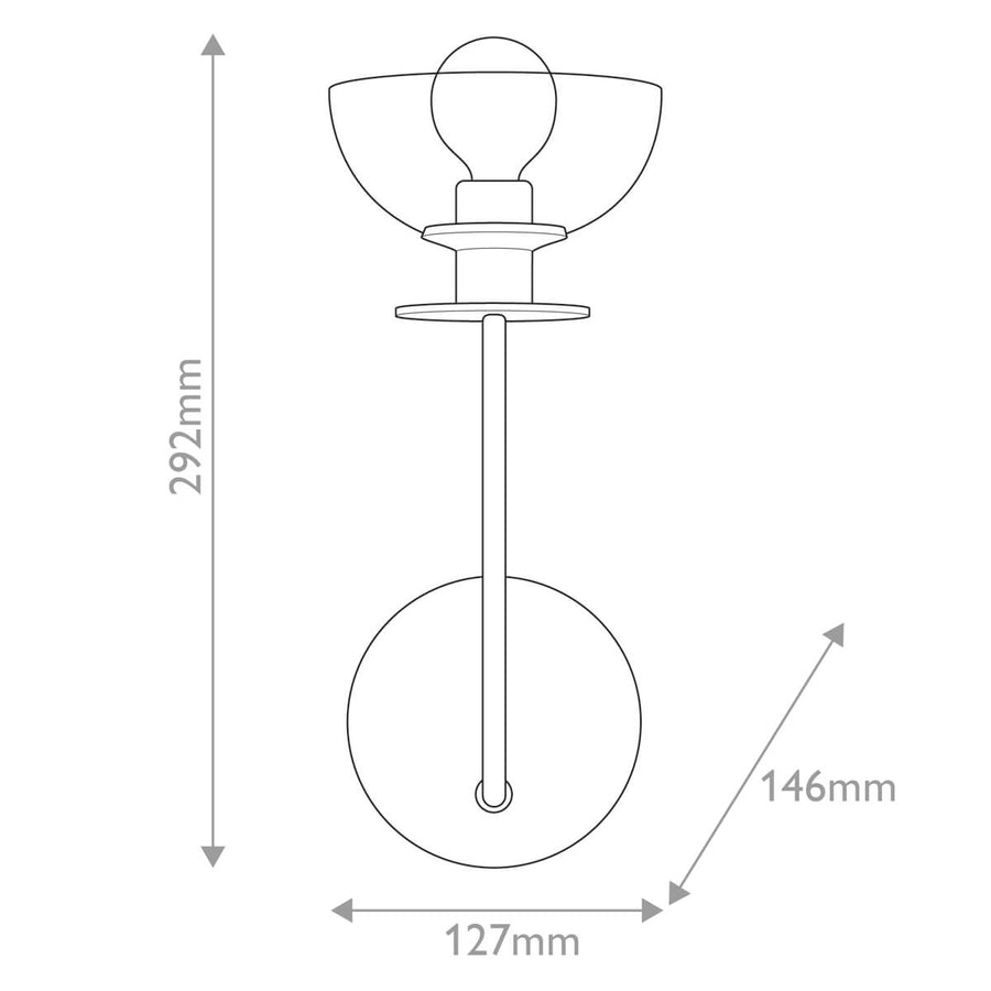 Schéma coté du luminaire : 292 mm de haut, 127 mm de large, 146 mm de profondeur