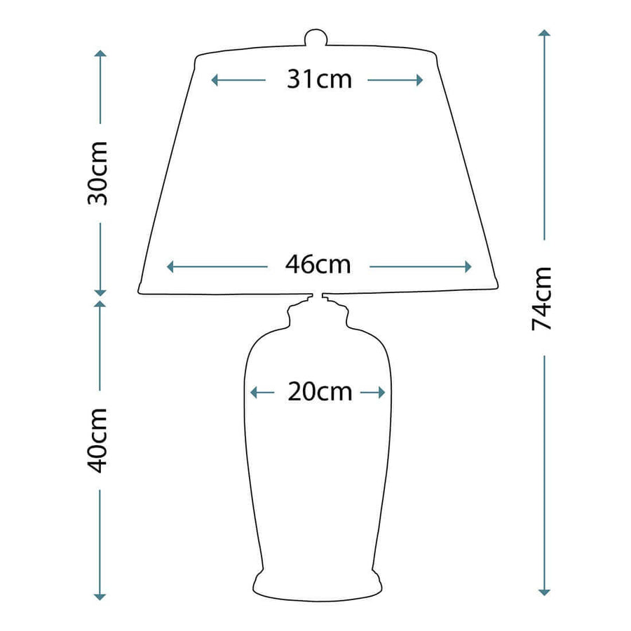 Schéma de dimensions : hauteur totale 74 cm, diamètre abat-jour 46 cm