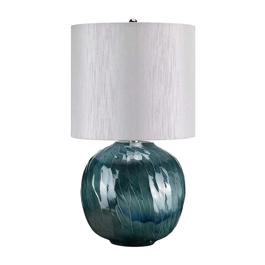 Second angle du luminaire, abat-jour gris clair texturé sur base céramique bleue