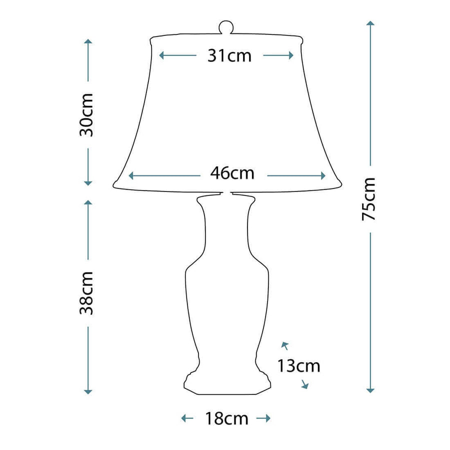 Schéma de dimensions avec hauteur totale et largeur de l'abat-jour en centimètres.