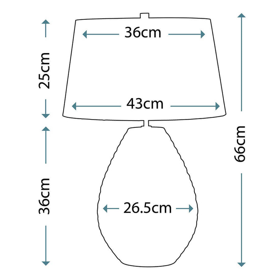 Schéma coté du luminaire avec hauteur totale et dimensions de l'abat-jour et du socle.