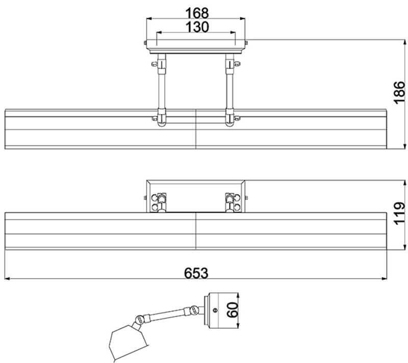 Schéma coté du luminaire : 653 mm de large, 186 mm de haut, 119 mm de profondeur.