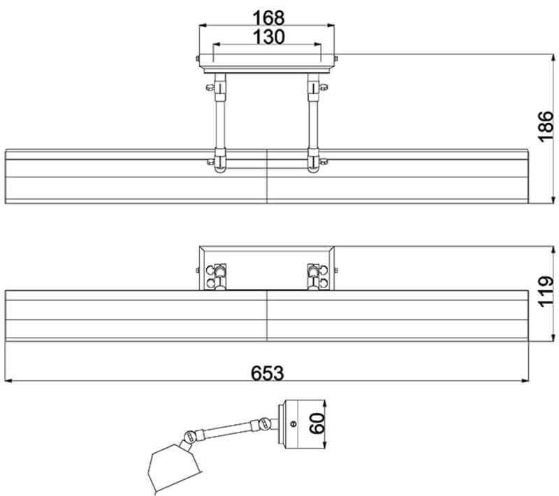 Schéma coté de l’applique avec dimensions en millimètres du bandeau et de la platine.