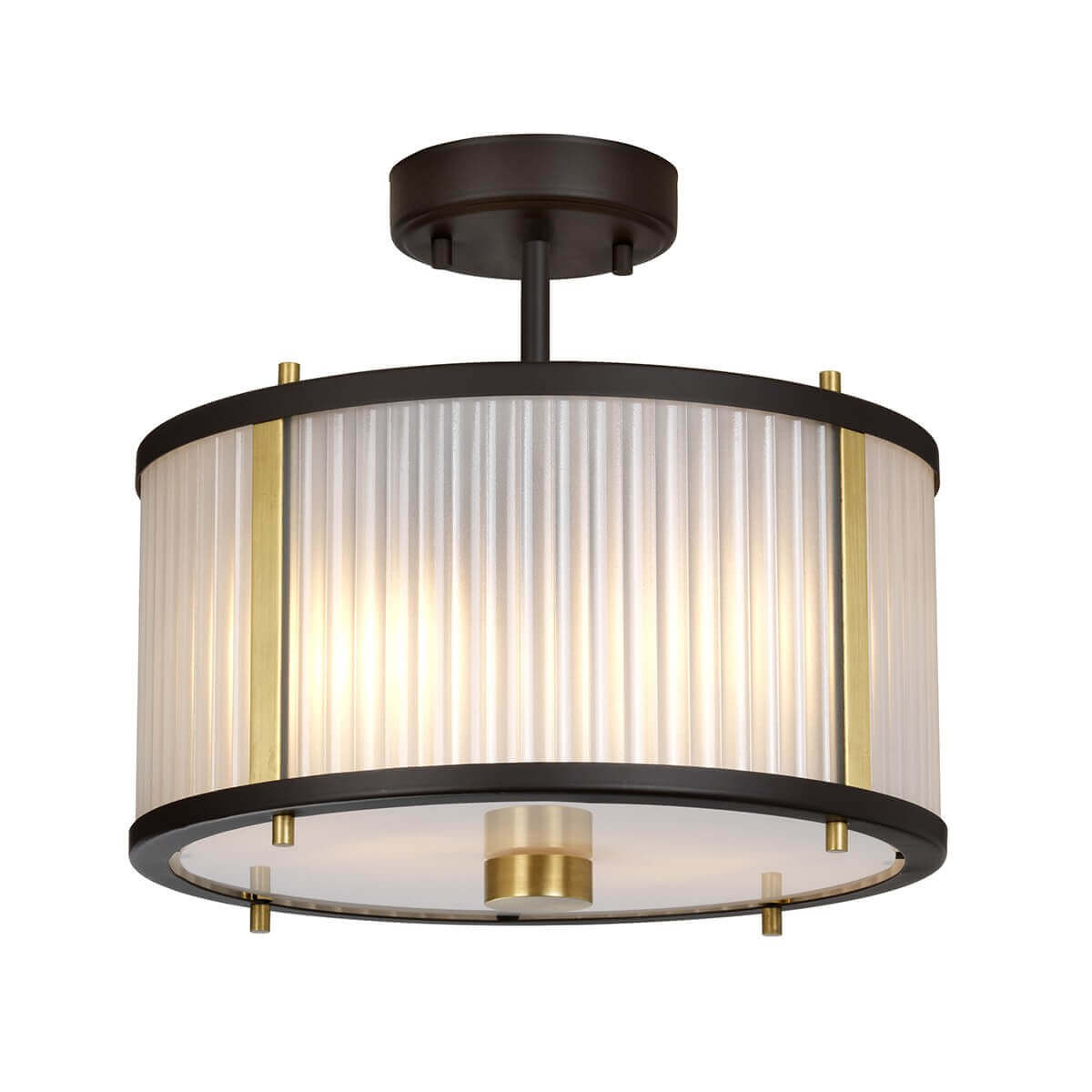 Vue de trois-quarts basse du luminaire montrant le raccord plafond, la tige et l'abat-jour