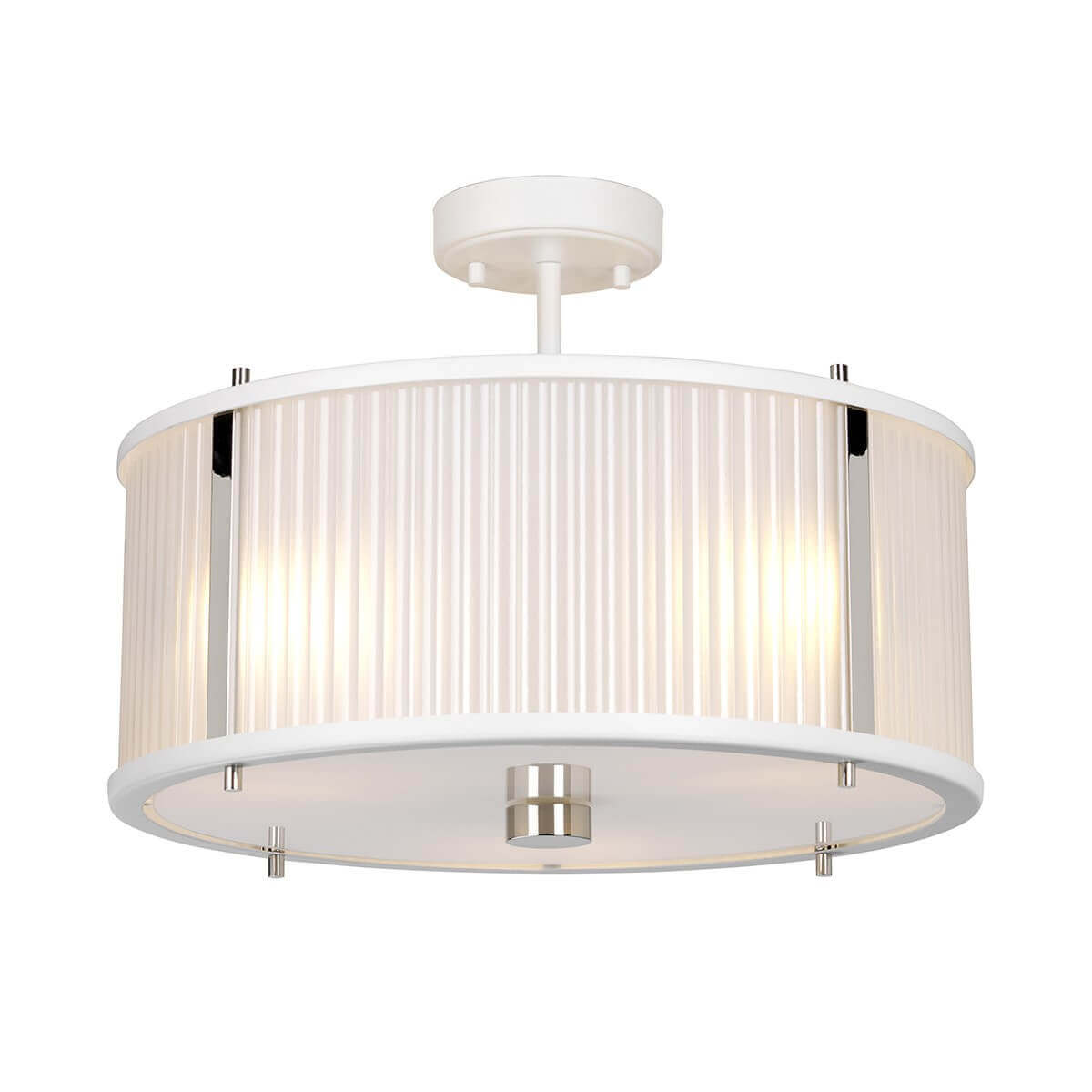 Détail de face des montants métalliques verticaux et du verre strié blanc du luminaire