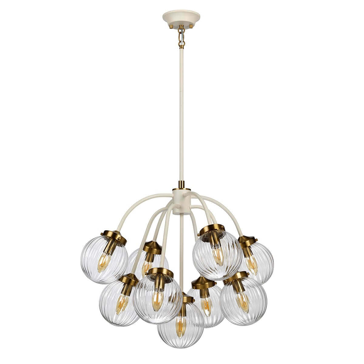 Vue d'ensemble du luminaire suspendu, bras courbes crème et diffuseurs sphériques transparents