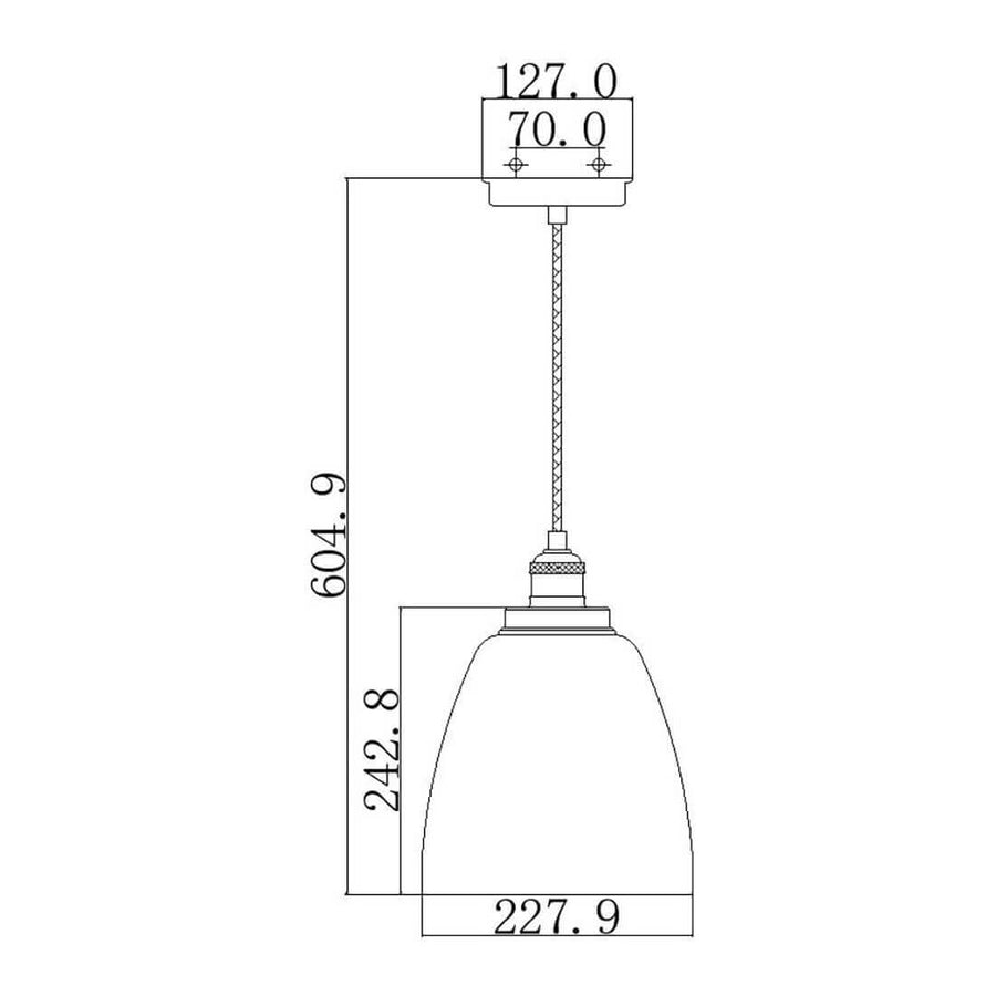Schéma technique coté de la suspension avec hauteur totale et dimensions de l'abat-jour en verre.