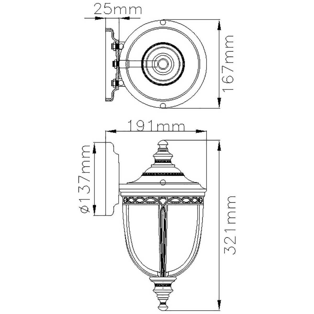 Schéma technique avec dimensions de l'applique, largeur 191 mm et hauteur 321 mm.