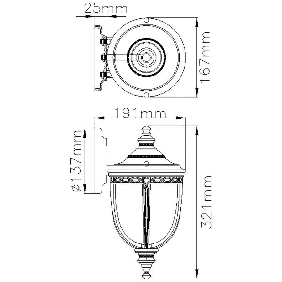 Schéma technique avec dimensions de l'applique, largeur 191 mm et hauteur 321 mm.