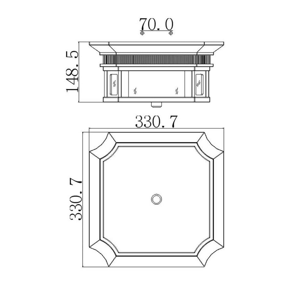 Schéma coté de l'applique, vue de côté et de dessous, dimensions en millimètres.