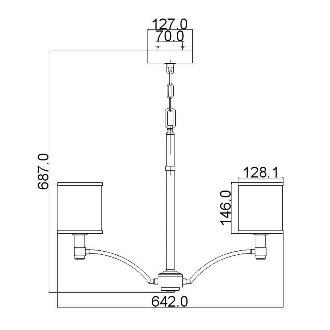 Schéma technique coté du luminaire avec hauteur et largeur en millimètres
