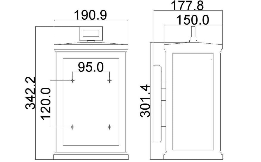 Schéma technique coté de l'applique avec hauteur et largeur en millimètres