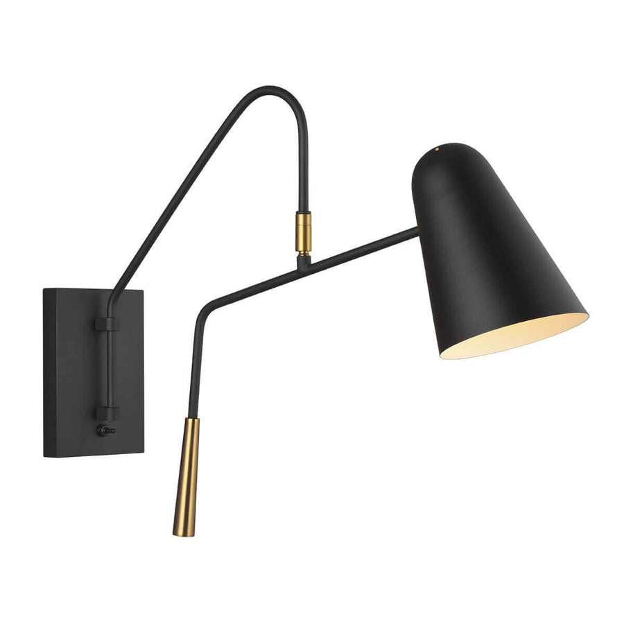 Vue de trois quarts sur fond blanc du luminaire noir à bras articulé et détails dorés
