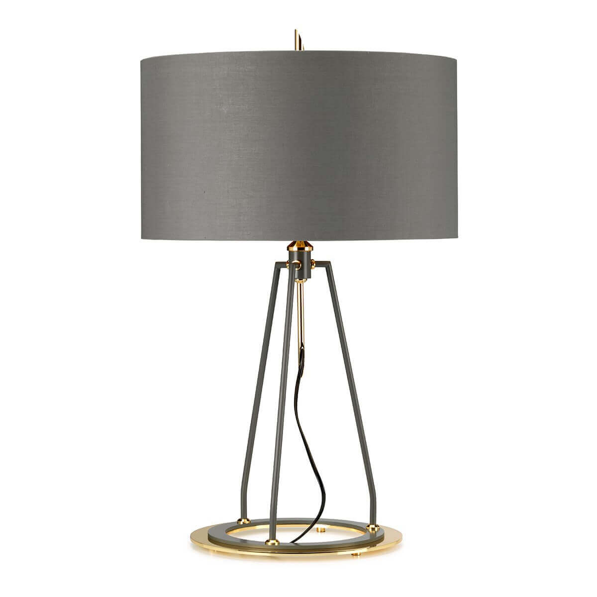 Vue rapprochée du luminaire, base circulaire dorée et pied métallique gris foncé