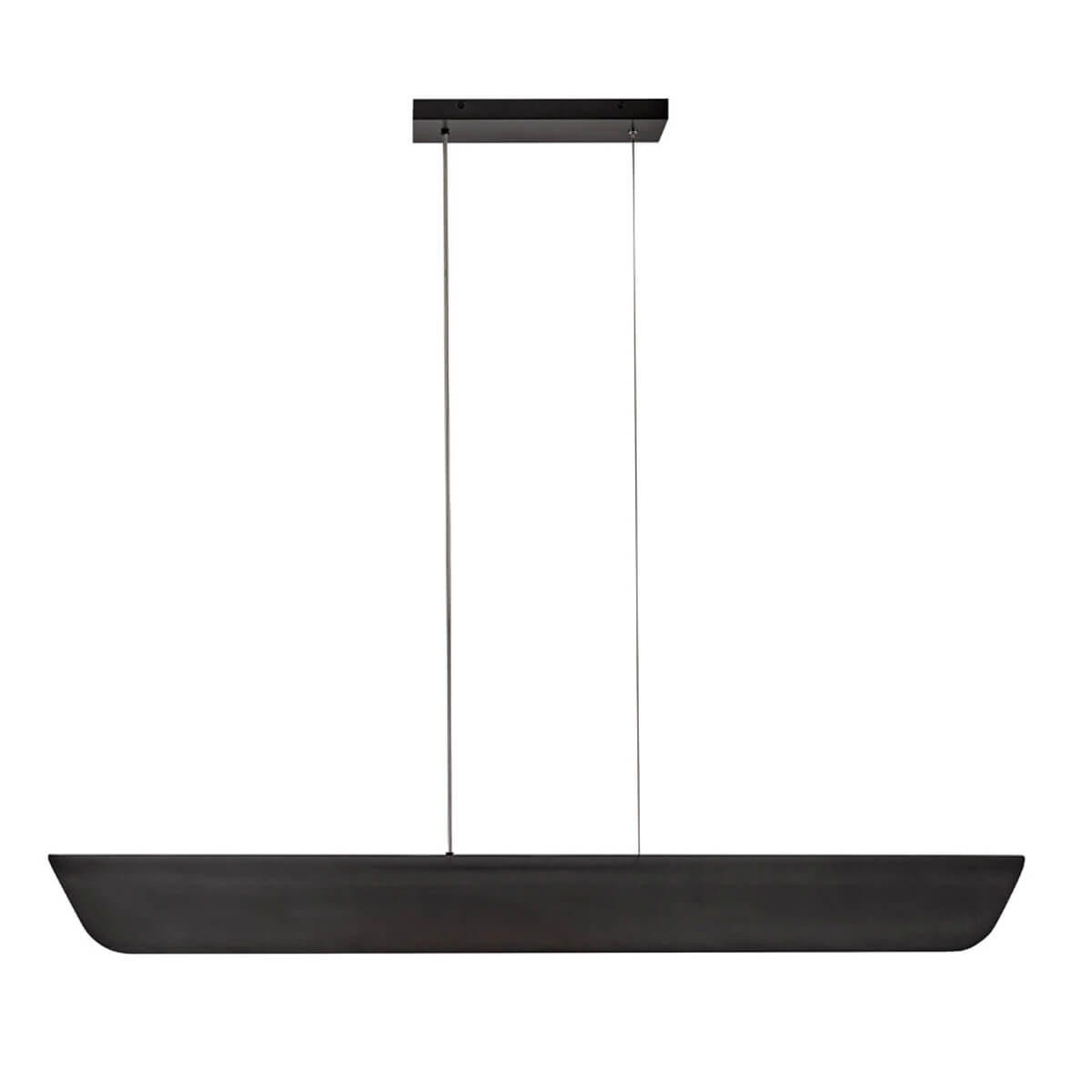 Vue de face de la suspension noire, barre allongée et diffuseur en verre strié