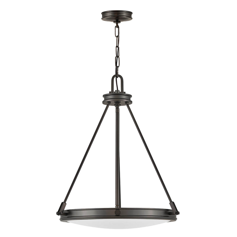 Vue de face du luminaire suspendu avec sa chaîne et son verre dépoli