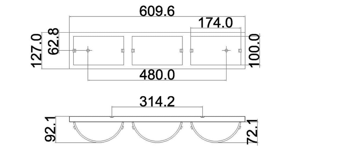 Schéma technique coté montrant largeur, hauteur et entraxe des trois diffuseurs de l'applique