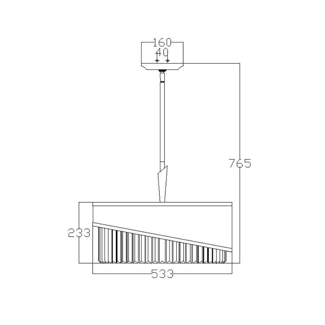 Schéma coté du luminaire : hauteur totale 765 mm, diamètre 533 mm et fixations