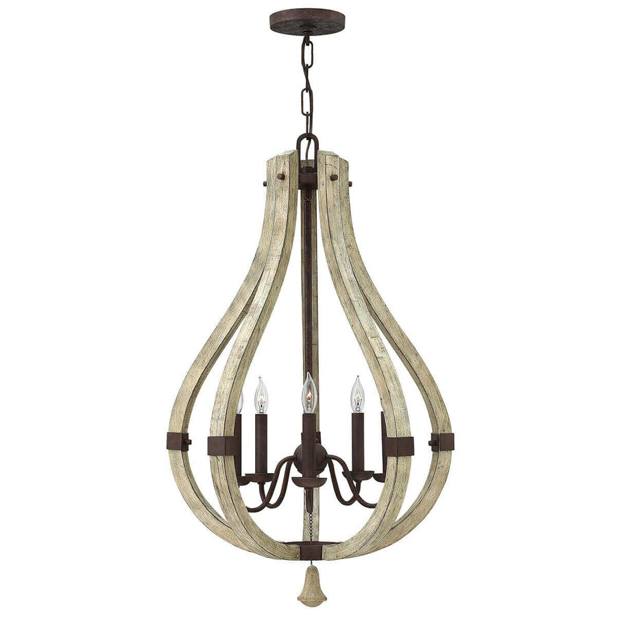 Lustre cinq lumières en bois massif et métal rouille, vue de face sur fond blanc.