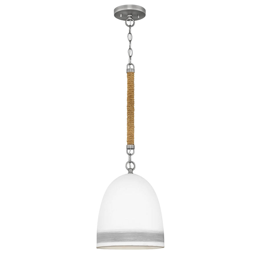 Suspension complète vue de face, abat-jour en verre blanc et corde tressée