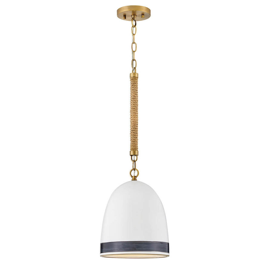 Suspension complète sur fond blanc avec verre blanc, bande noire et corde tressée.
