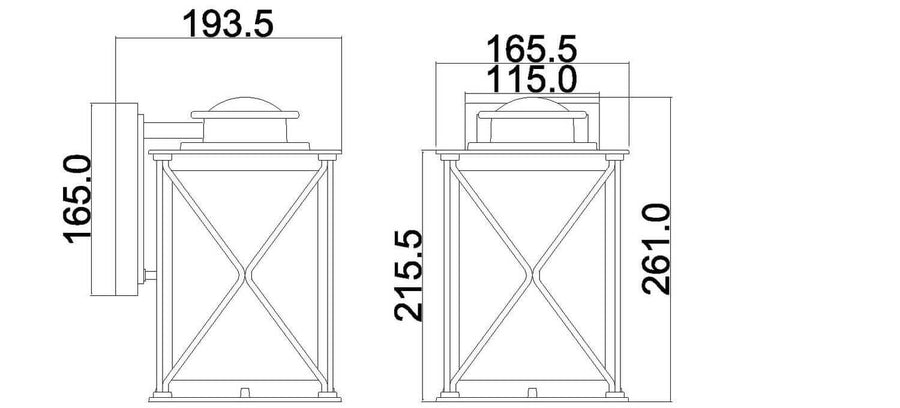 Schéma coté présentant les dimensions de face et de profil du luminaire