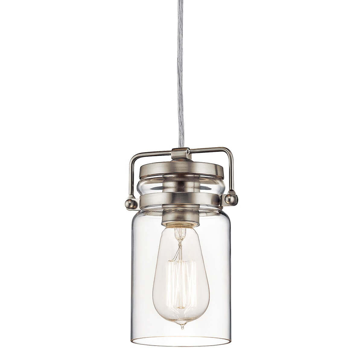 Vue rapprochée du luminaire avec ampoule visible dans le verre cylindrique.