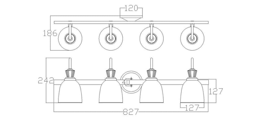 Schéma technique coté de l'applique avec dimensions en millimètres de face et de profil