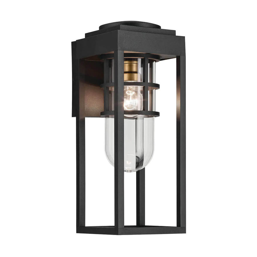 Applique murale extérieure noire de face, cadre carré et verre transparent cylindrique