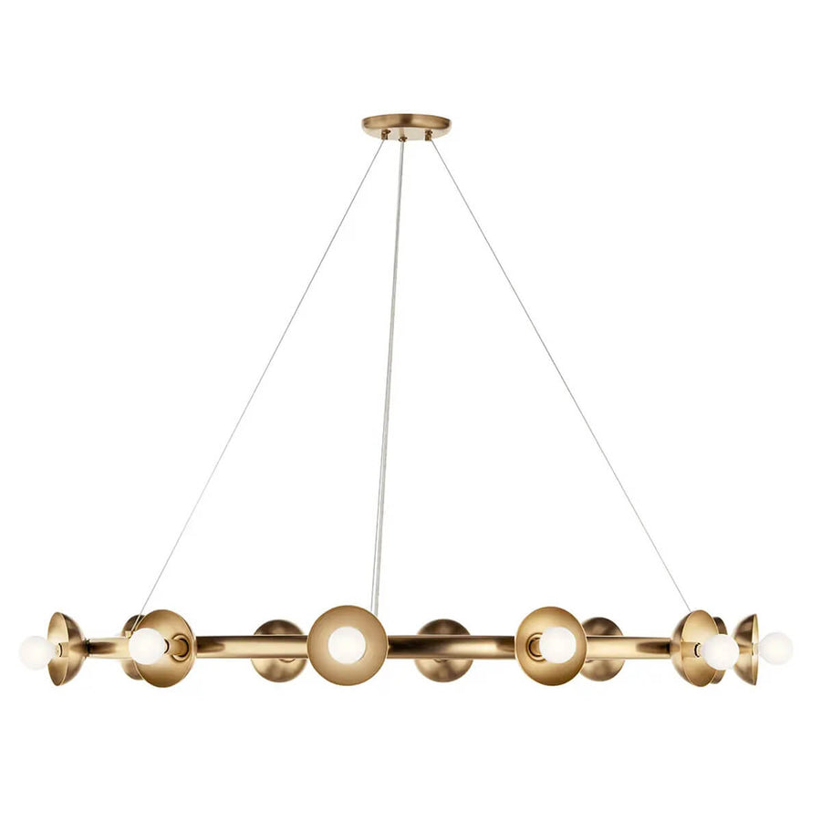 Vue de face du luminaire : anneau doré et neuf ampoules sphériques alignées