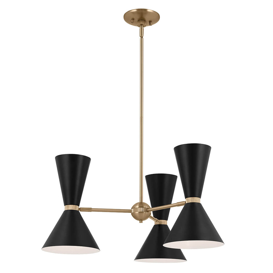 Vue de trois quarts du luminaire, bras bronzés et coupelles noires orientées vers le bas