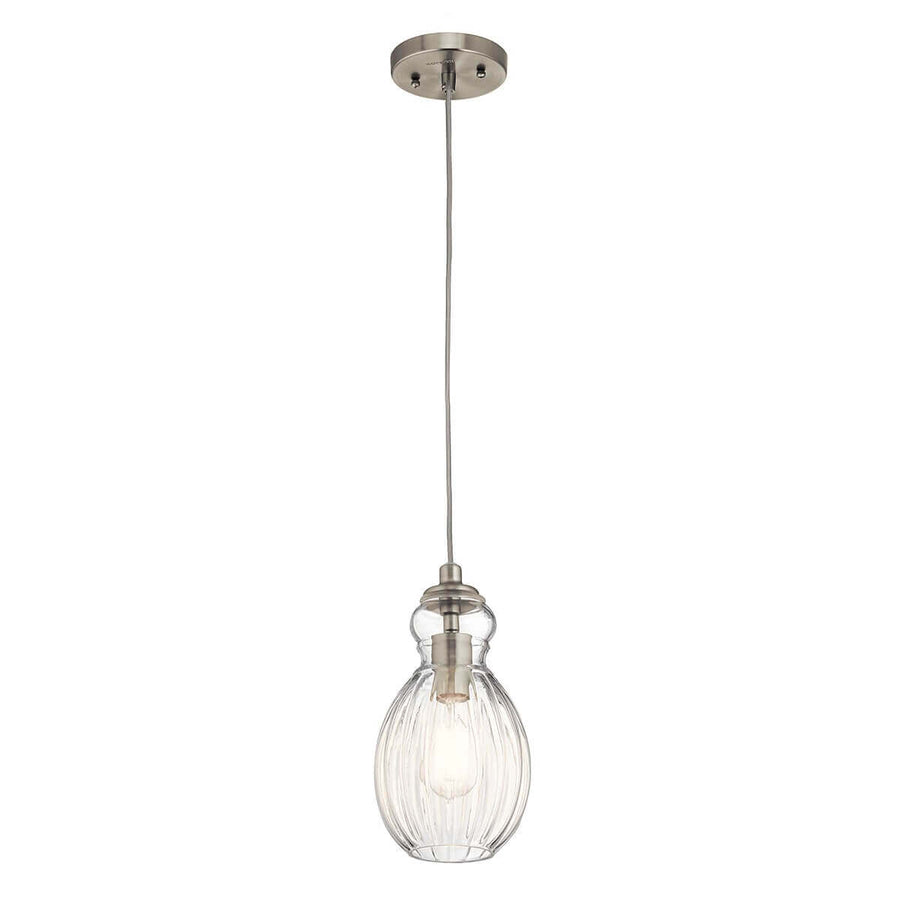 Suspension complète vue de face, verre strié transparent et finition nickel satiné