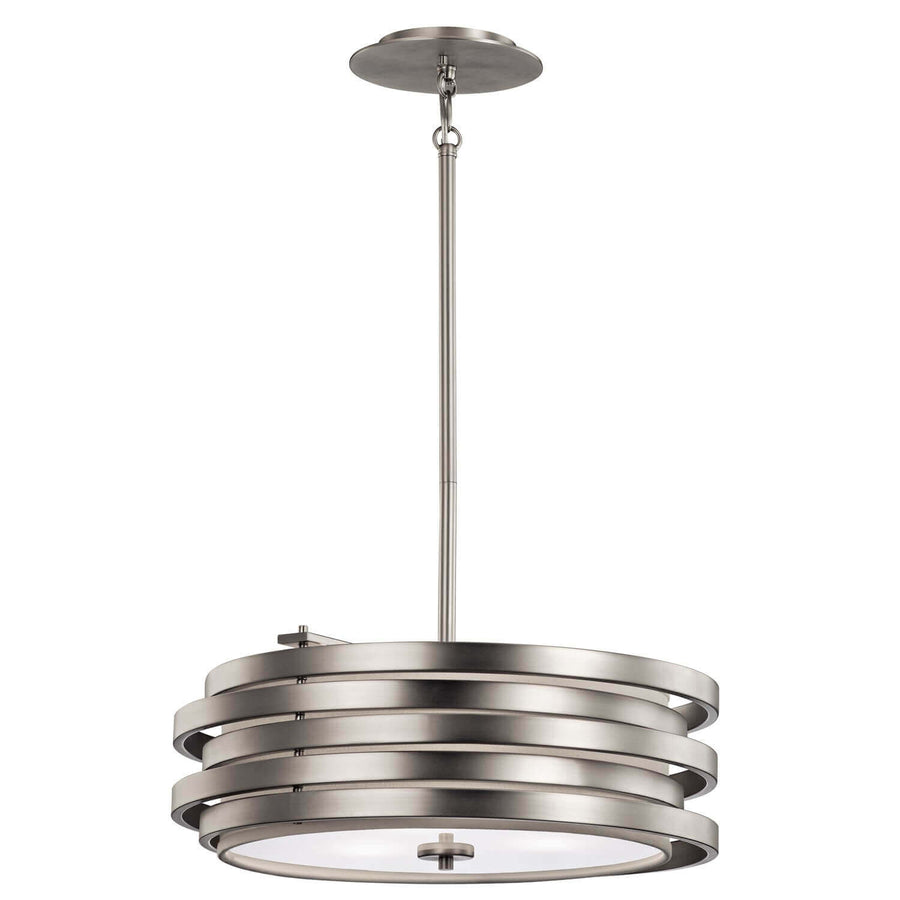 Luminaire suspendu en nickel satiné à abat-jour cylindrique, vue de face sur fond blanc.