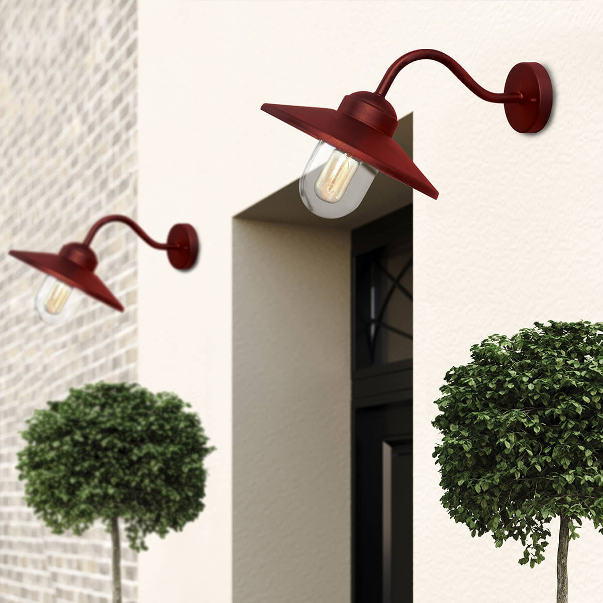 Mise en ambiance extérieure avec deux appliques rouges sur une façade claire