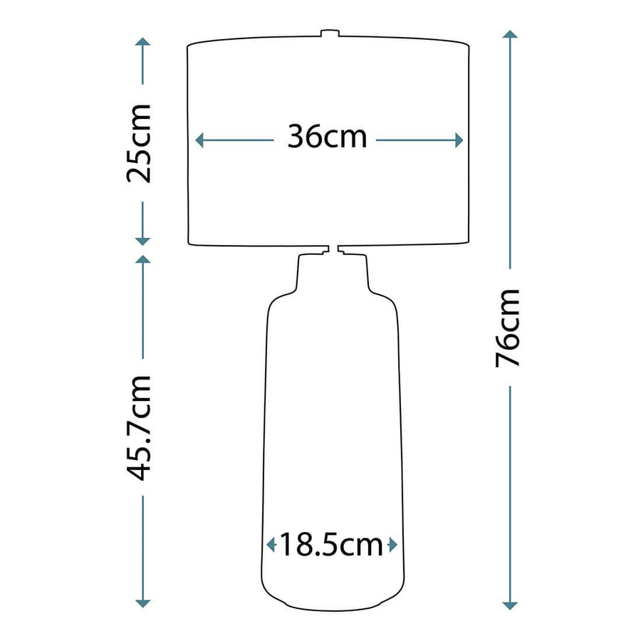 Schéma coté : 76 cm de hauteur, abat-jour de 36 cm